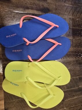 Old Navy Blue Flip Flops with Pink Straps & Neon Yellow Flip Flops